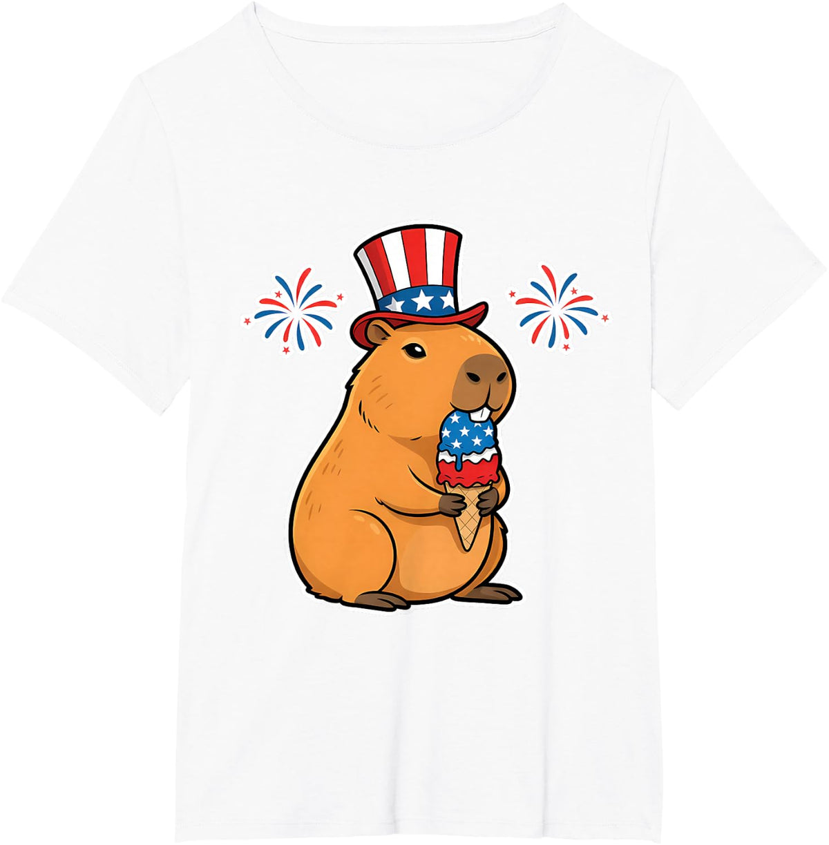 4th of July USA Capybara Ice Cream Cone Funny Patriotic T-Shirt - White