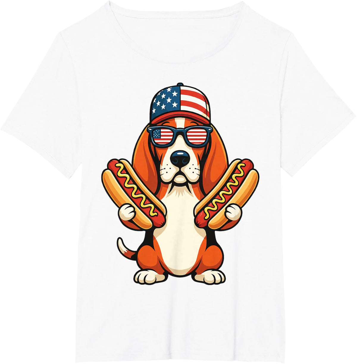 Basset Hound USA Hotdog 4th Of July T-Shirt - White