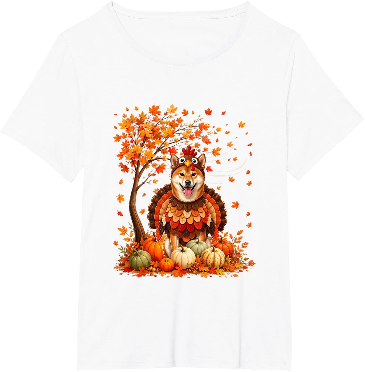 Shiba Inu Cosplay Turkey Fall Tree Pumpkins Thanksgiving T-Shirt - White