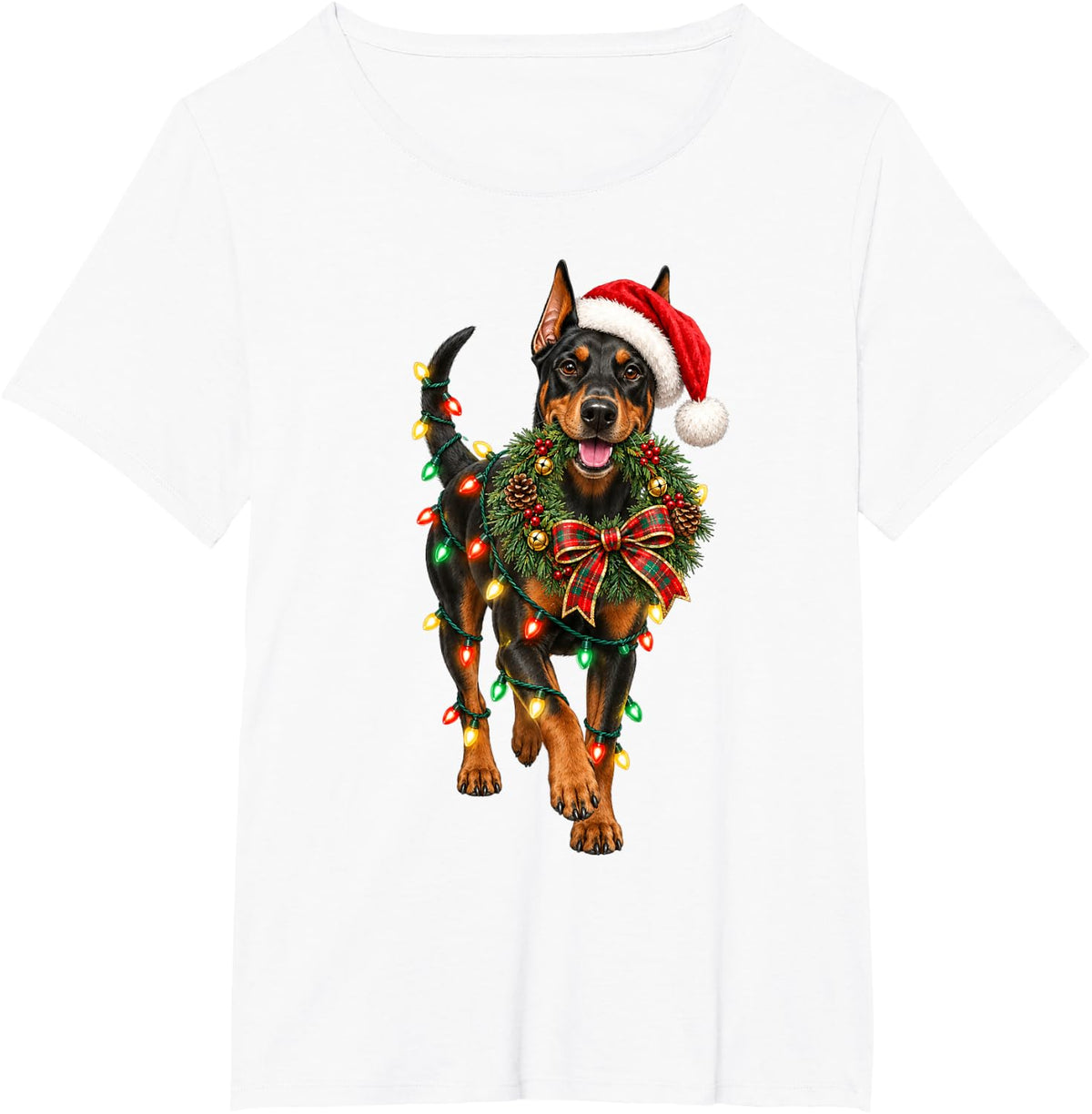 Doberman Pinscher Christmas Wreath Decoration Xmas Pajamas T-Shirt - White