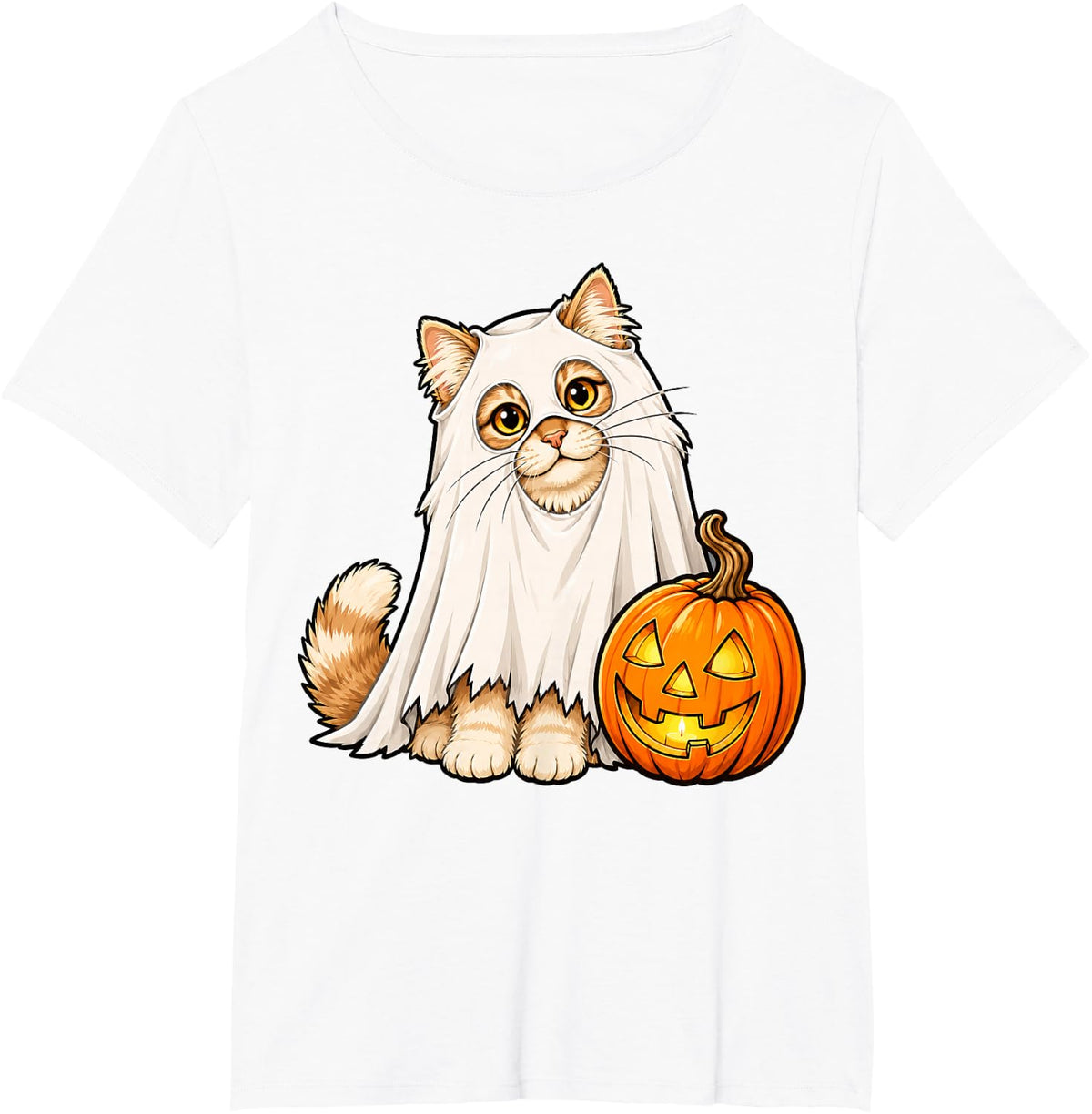 Fluffy Cat Ghost and Jack-O-Lantern Fun Halloween Cat Lover T-Shirt - White