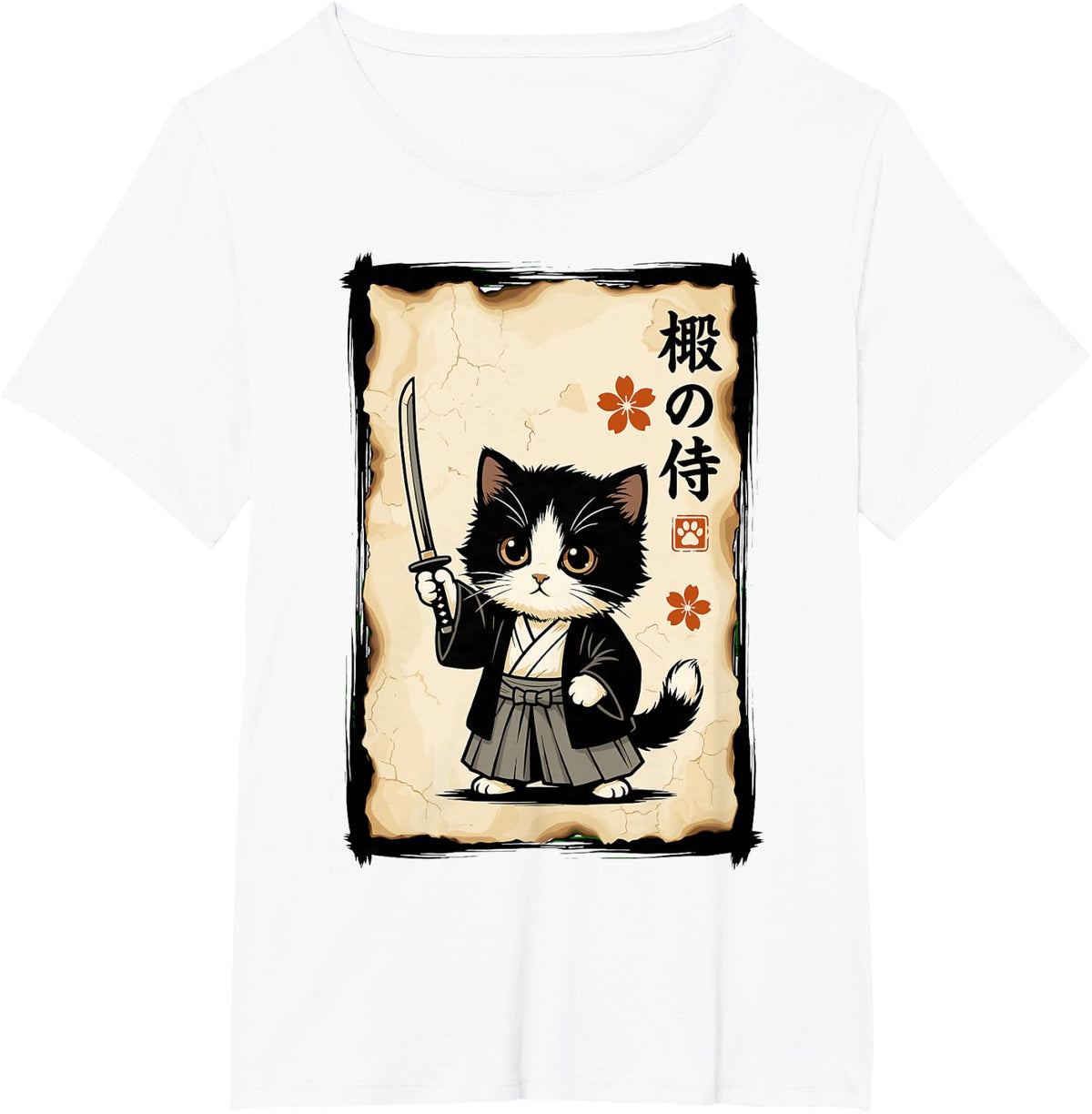 Samurai Cat Japanese Katana Funny Cat Lover Men Women T-Shirt - White