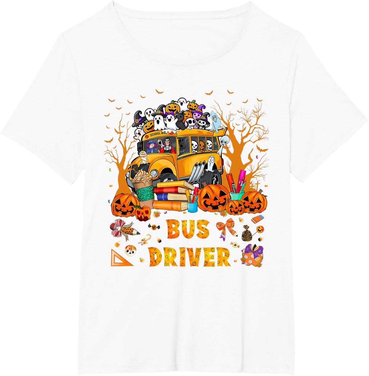 School Bus Driver Skeleton Pumpkin Season Fall Halloween T-Shirt - White