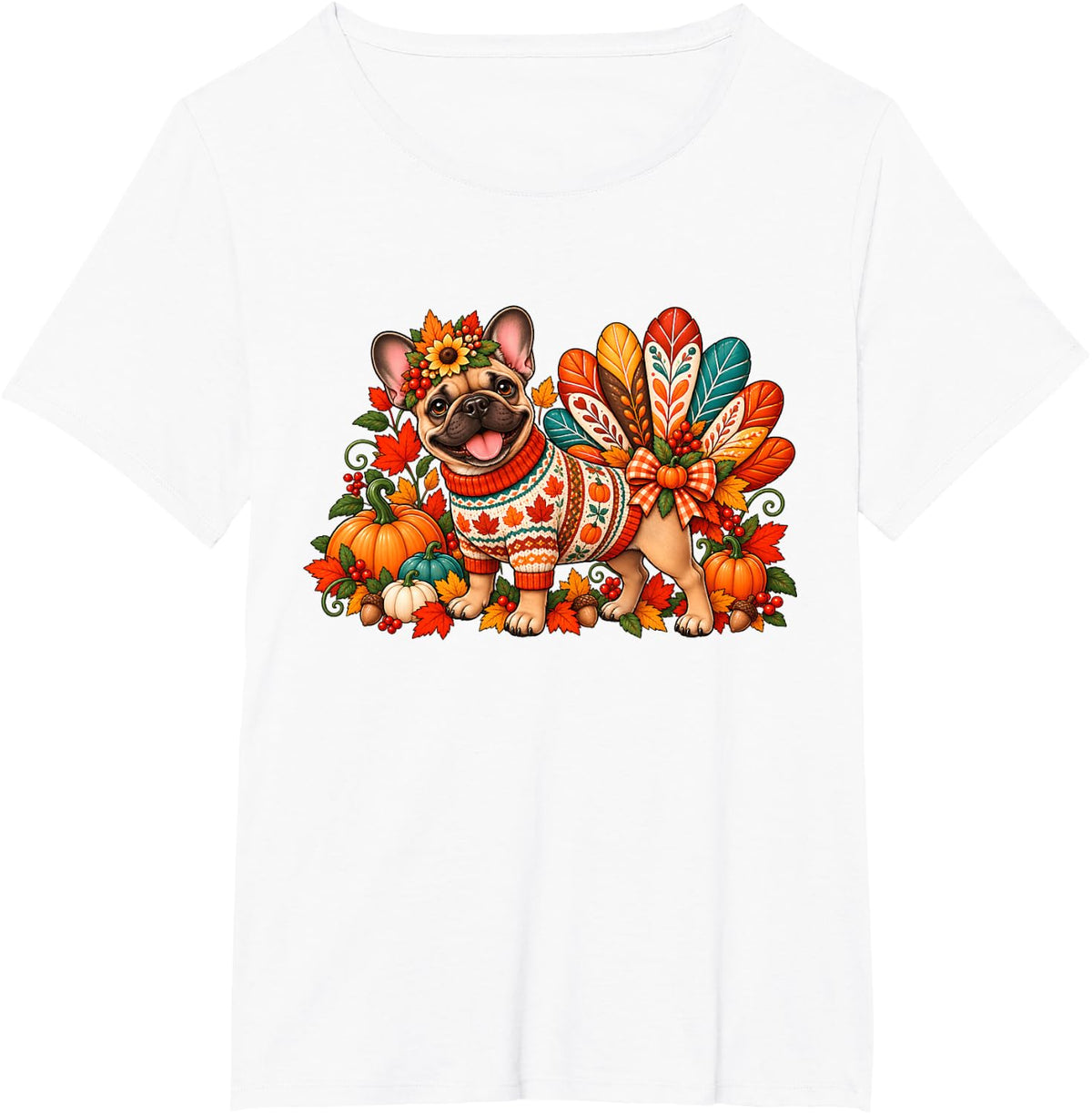 French Bulldog Thanksgiving Turkey Dog Cute Autumn Pumpkin T-Shirt - White