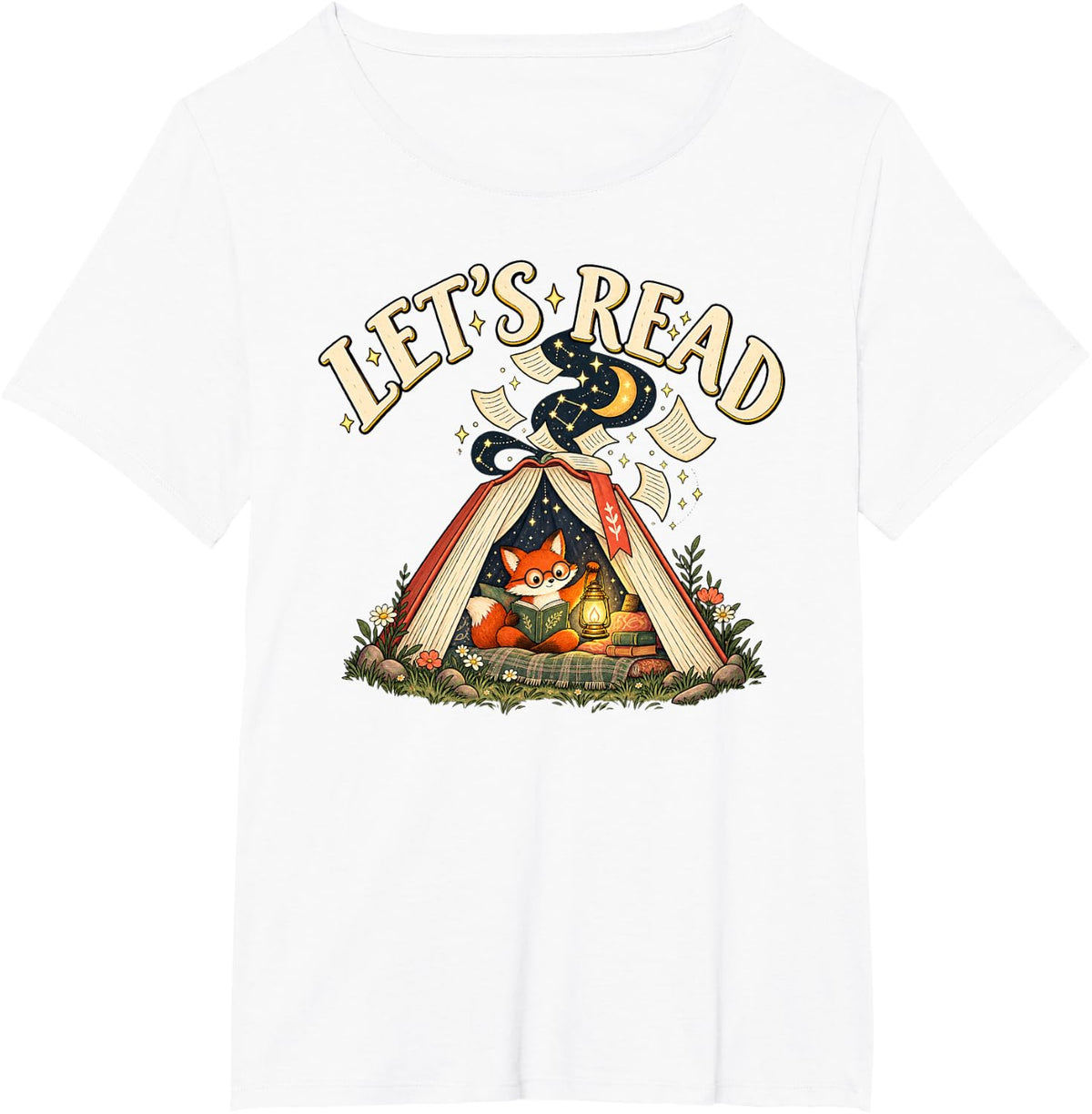 Lets Read Cute Fox Book Lover Reading Storybook Teacher T-Shirt - White