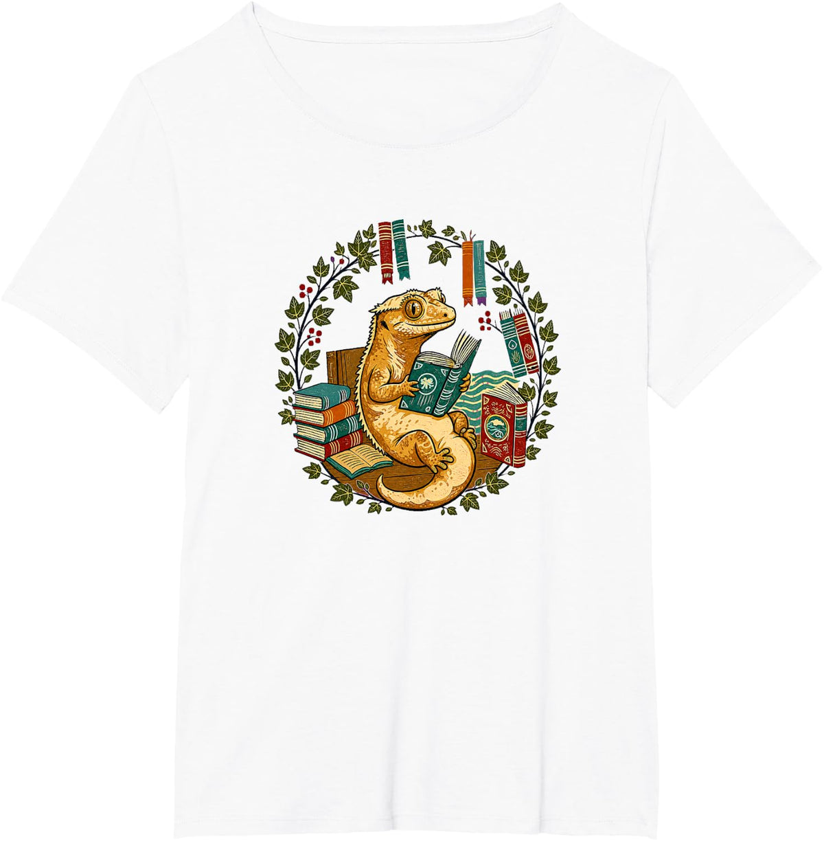 Kids Womens Girls Reading Books Vintage Crested Gecko Lover T-Shirt - White