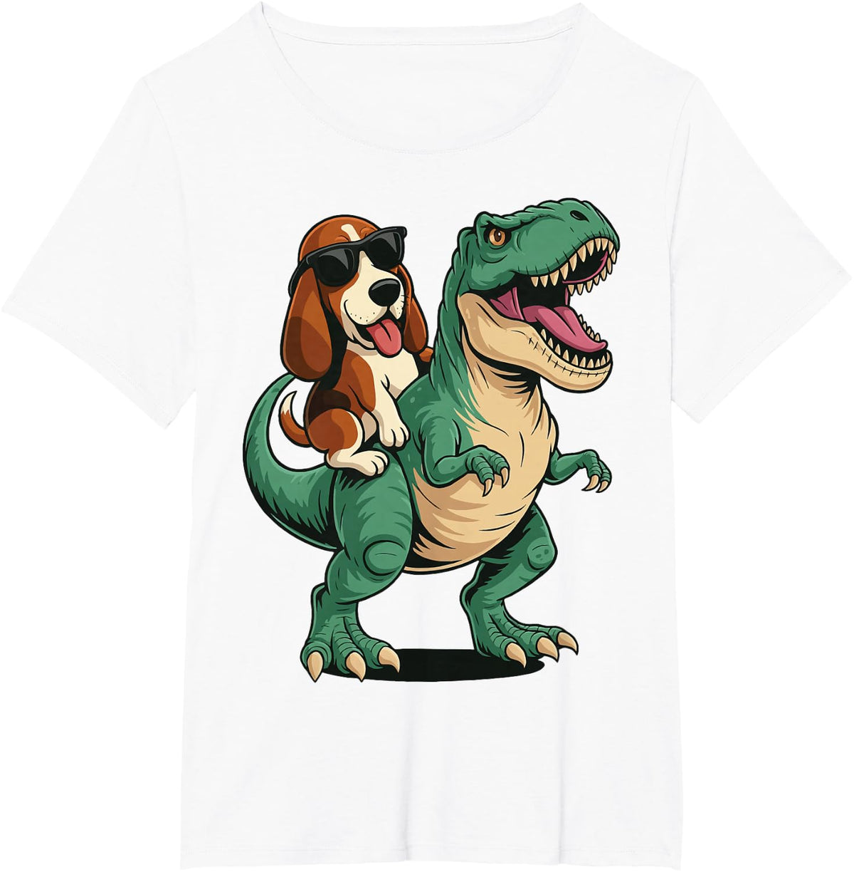 Basset Hound Riding T-Rex T-Shirt - White