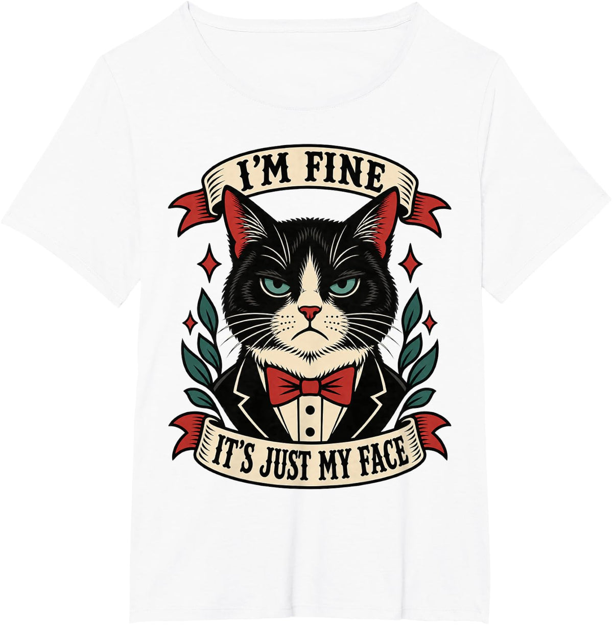 I'm Fine It's Just My face Deadpan Tuxedo Cat Animal Humor T-Shirt - White