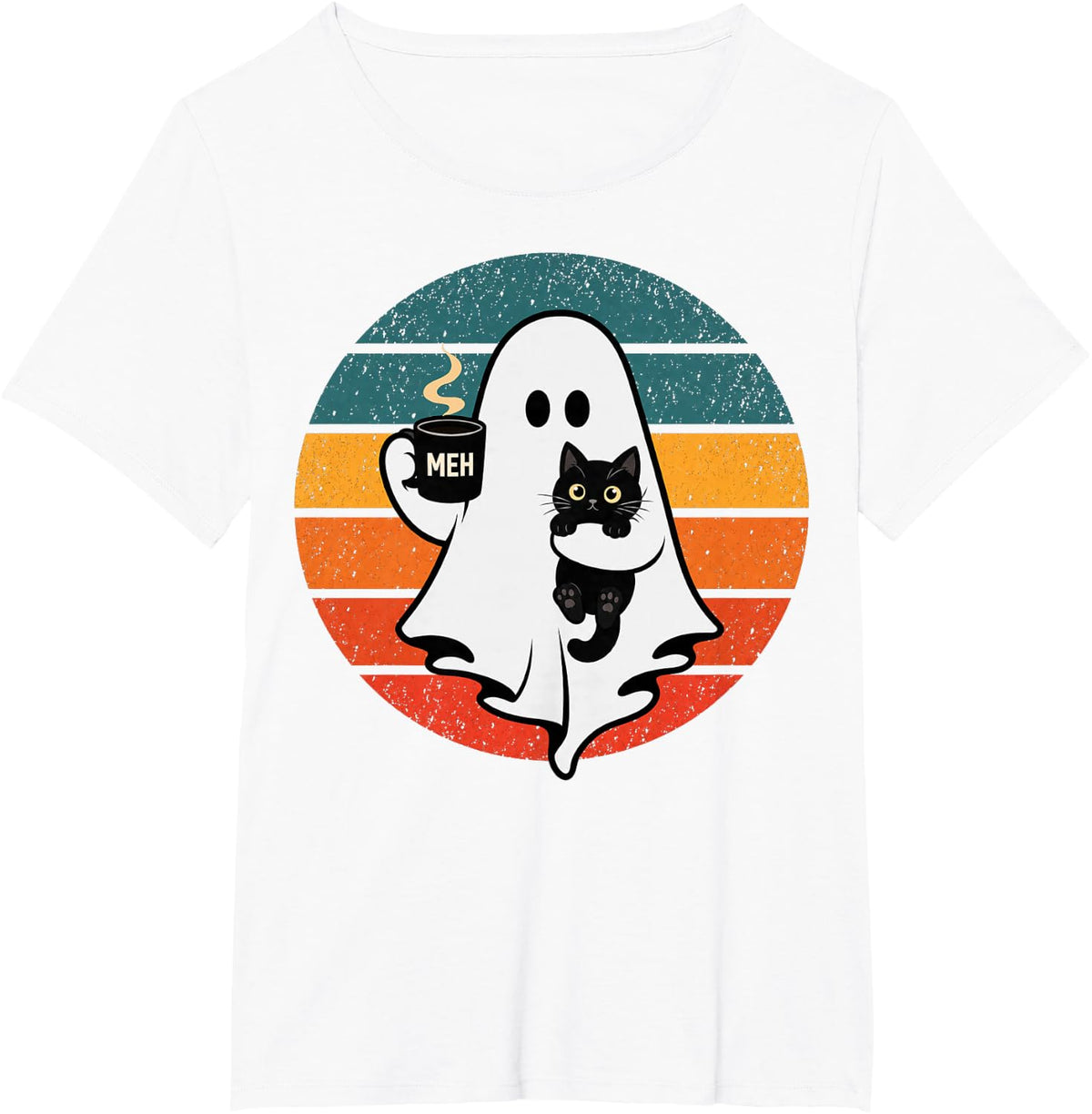 Ghost Cat Spooky Black Cat Retro Halloween Coffee Lover T-Shirt - White