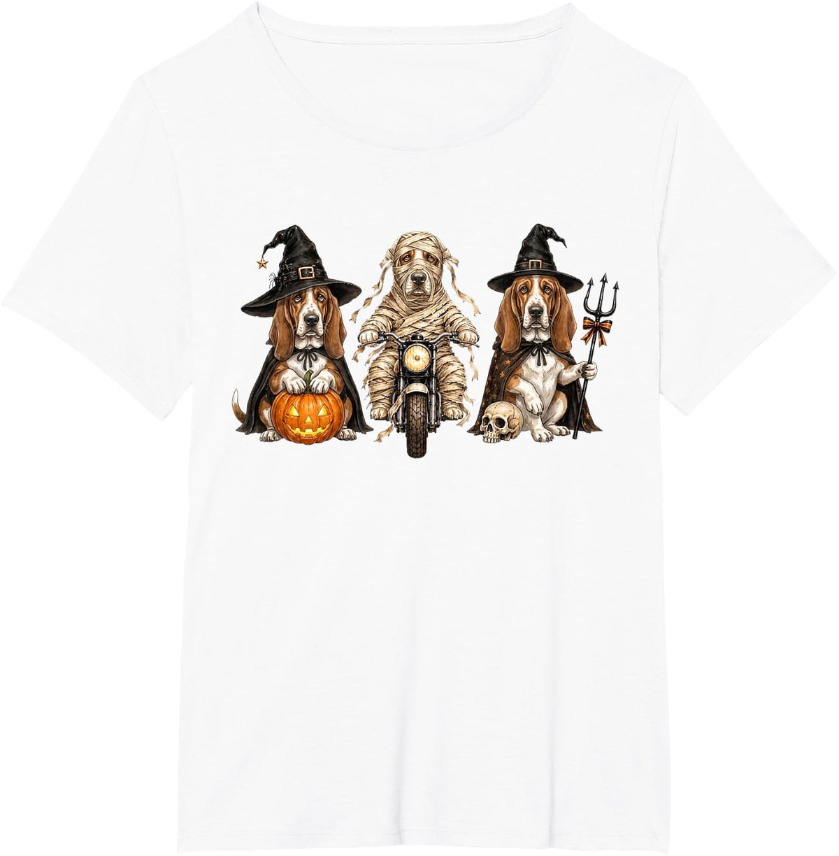 Cute Halloween Basset Hound Dog Pumpkin Ghost and Witch T-Shirt - White