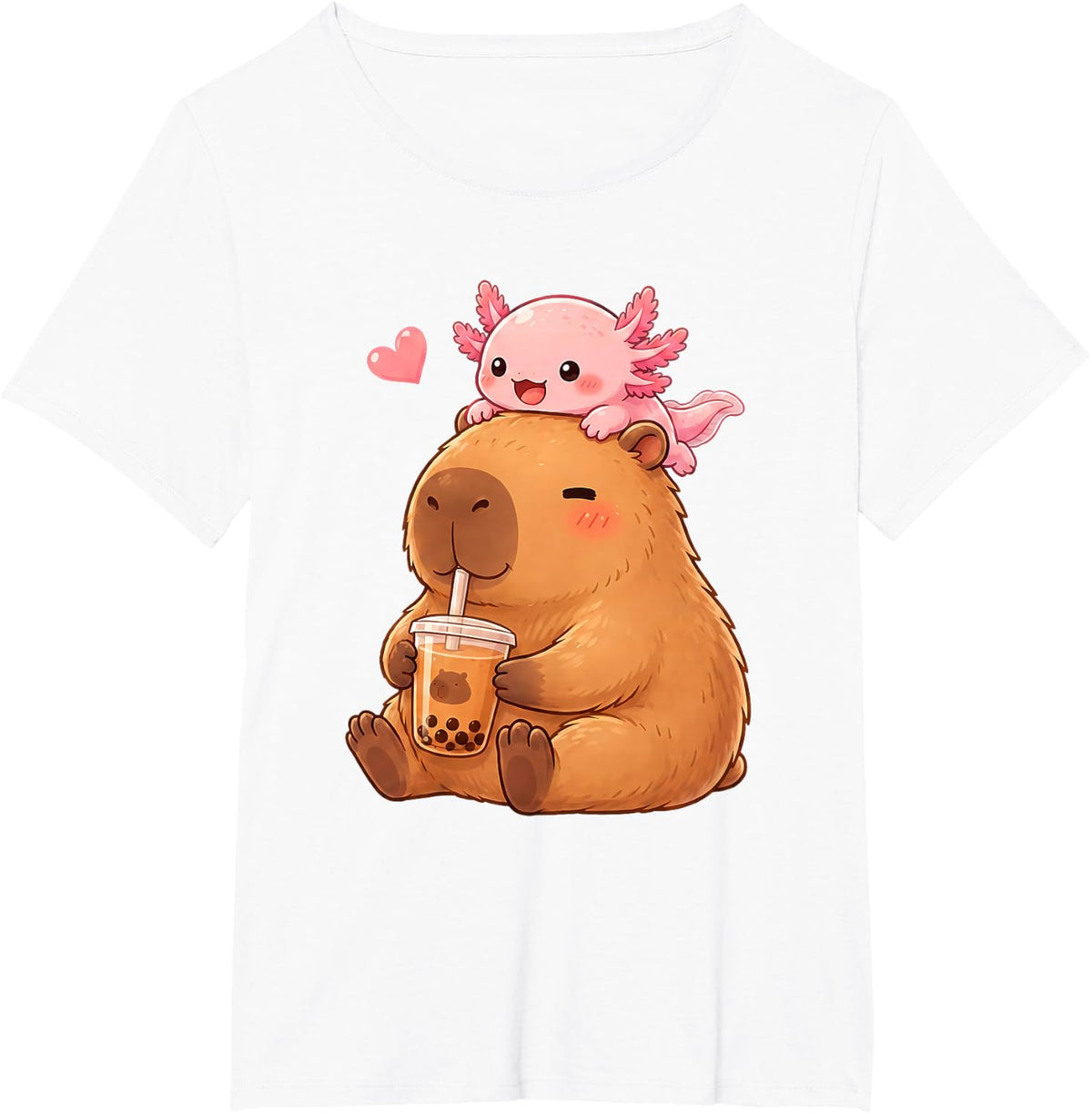 Cute Capybara and Axolotl Bubble Tea Boba Girls Japan Anime T-Shirt - White