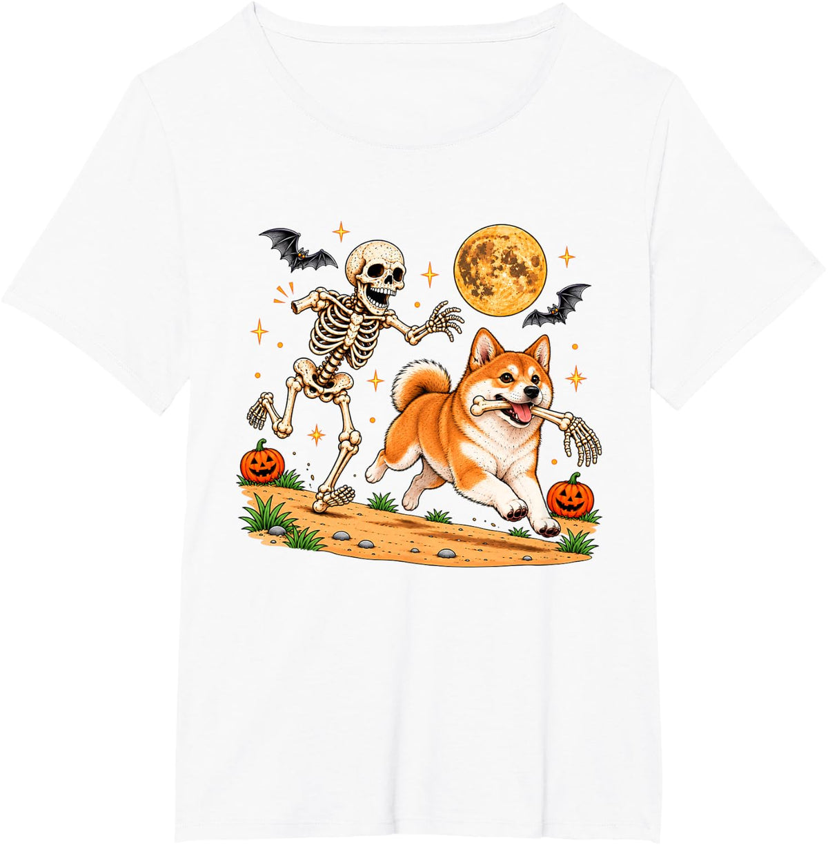 Funny Skeleton Chasing Shiba Inu Halloween Dog Mom Pet Lover T-Shirt - White
