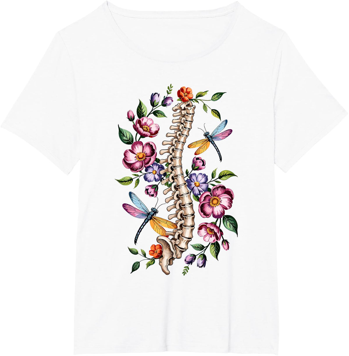 Skeleton Floral Spine Dragonfly PT Therapy Radiology Nurse T-Shirt - White