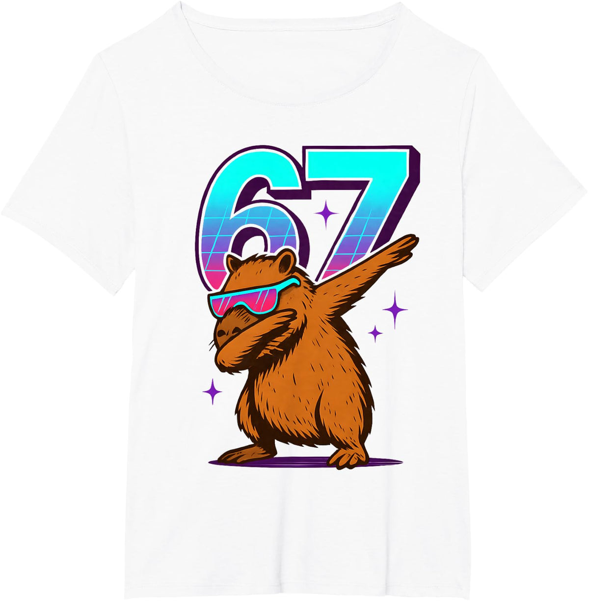 Neon Retro Dabbing Capybara 67 Meme Capy Lover Teens Kids T-Shirt - White