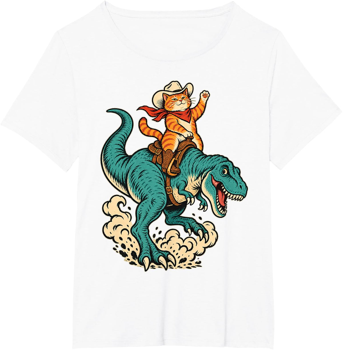 Cowboy Tuxedo Cat Riding T Rex Moonlit Desert T-Shirt - White