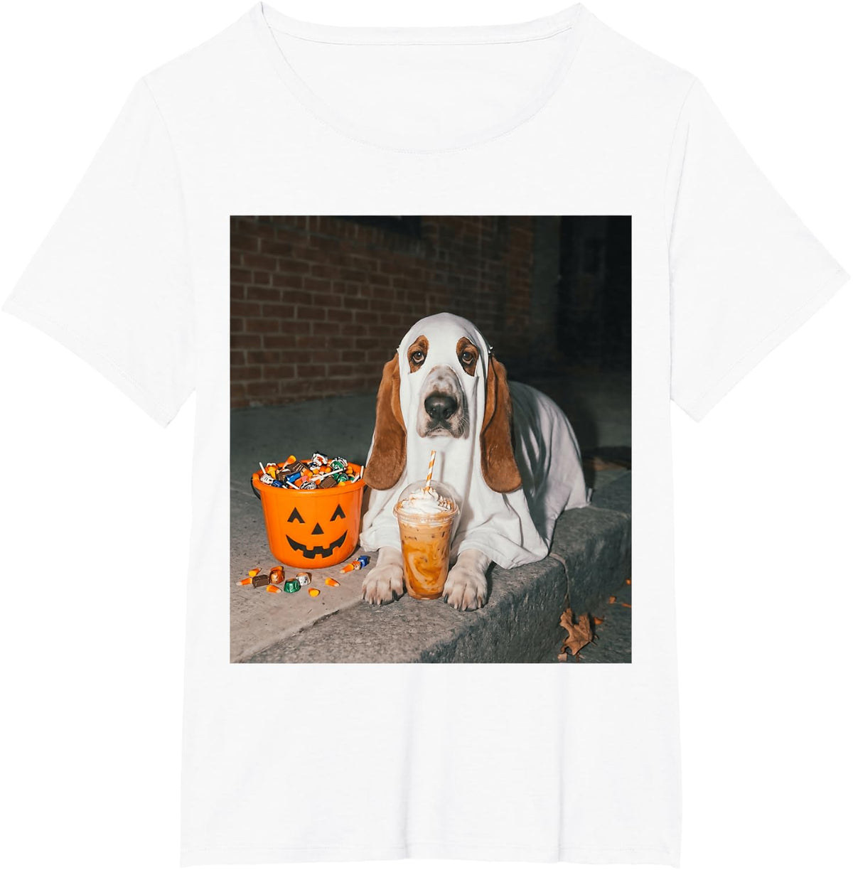 Basset Hound Ghost Dog Meme Pumpkin Iced Coffee Halloween T-Shirt - White