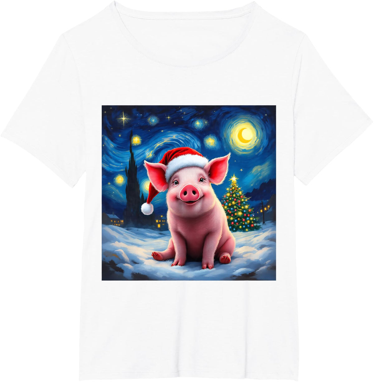 Pig Santa Hat Christmas Van Gogh Starry Night Holiday T-Shirt - White