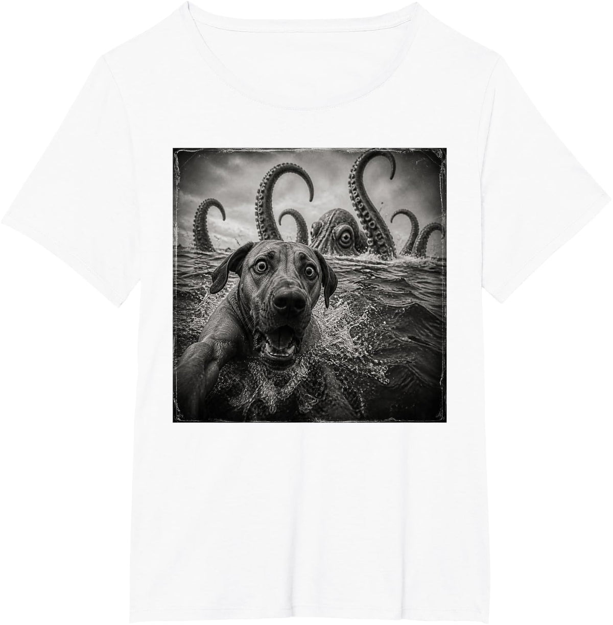 Funny Octopus and Rhodesian Ridgeback Selfie T-Shirt - White