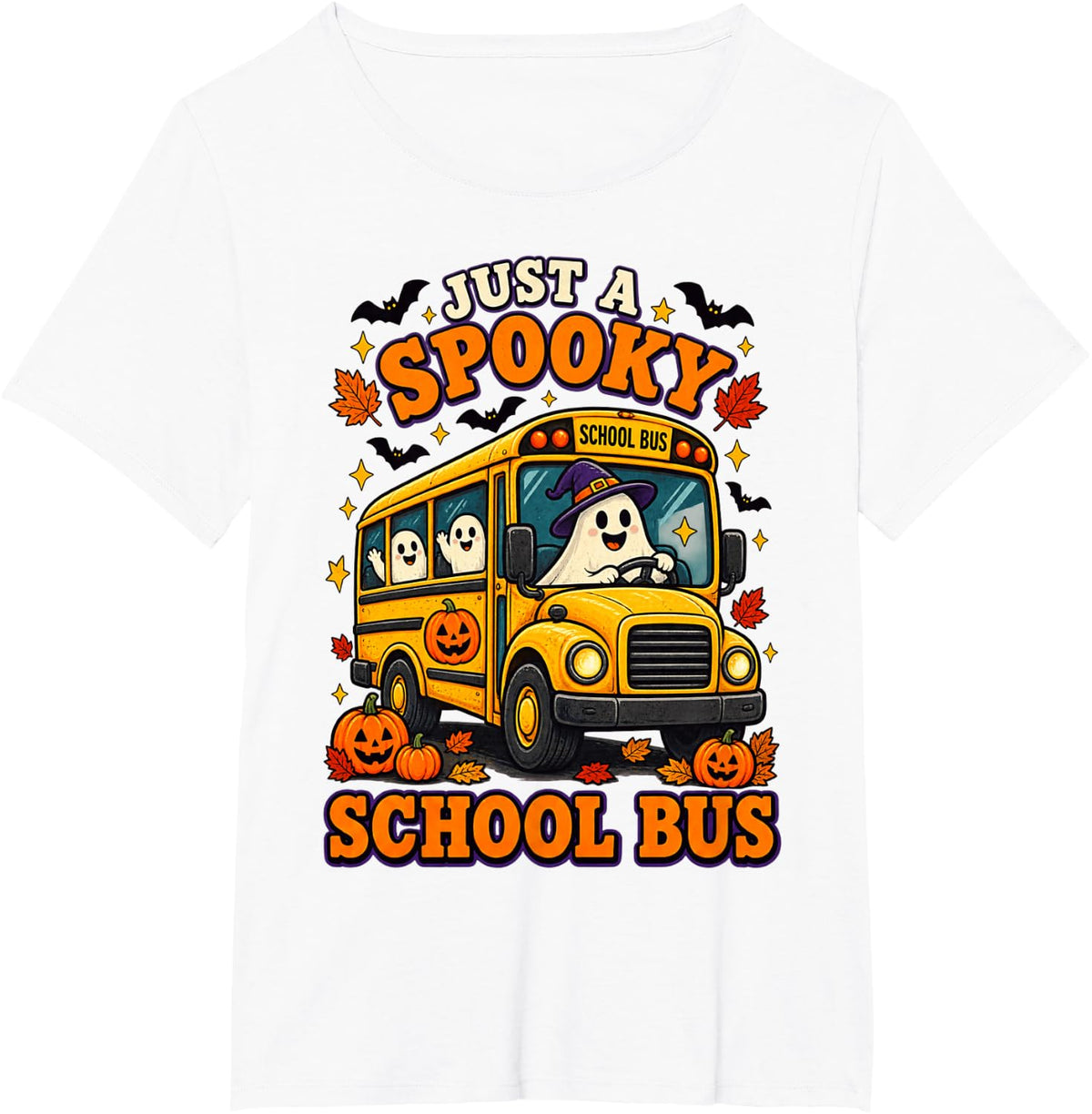 Just A Spooky School Bus Halloween Ghost Driver T-Shirt Tee for Bus Drivers Teachers - White