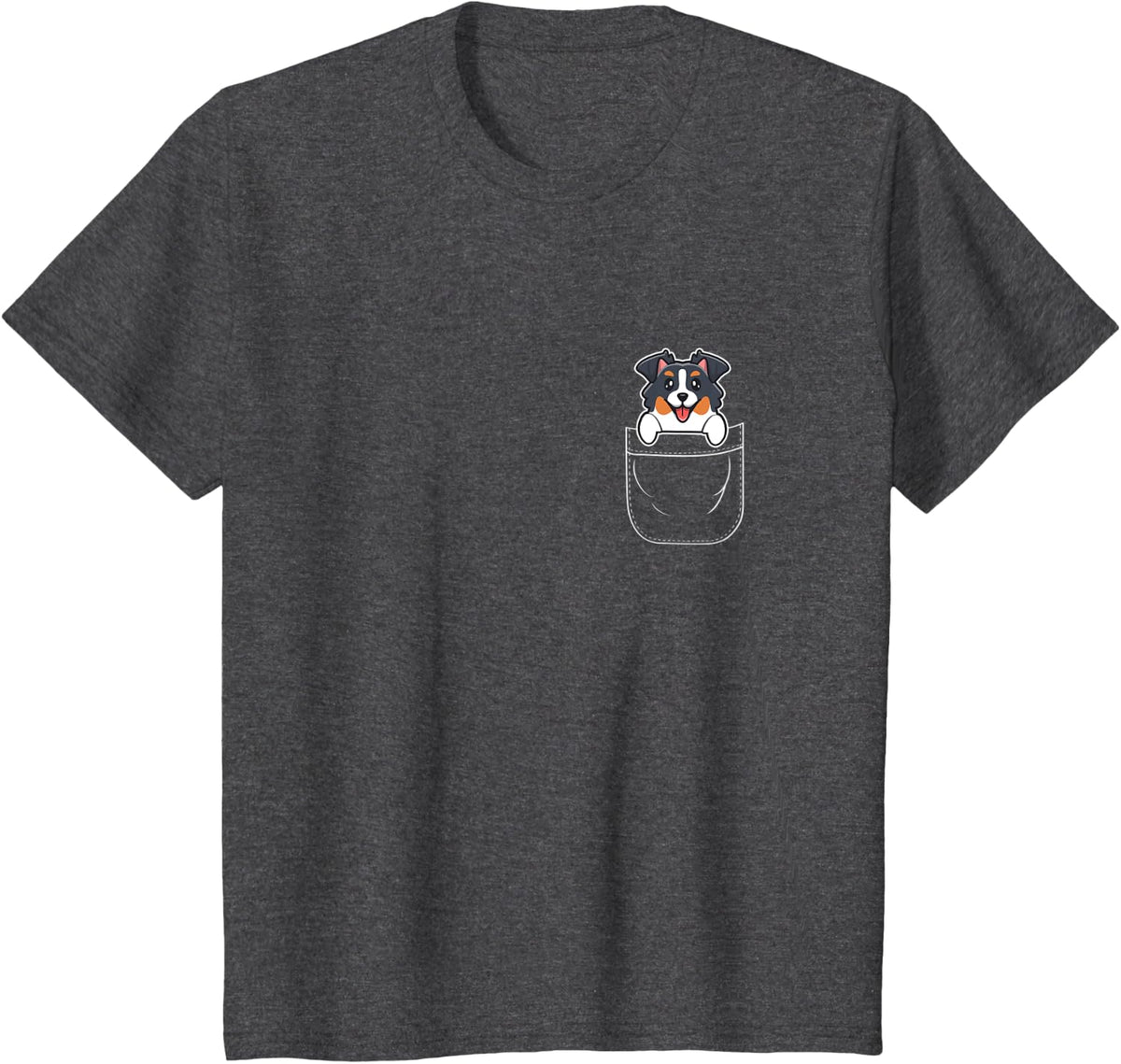 Cute Australian Shepherd Dog in Pocket T-Shirt for Men Women Kids - Dark Heather Grey