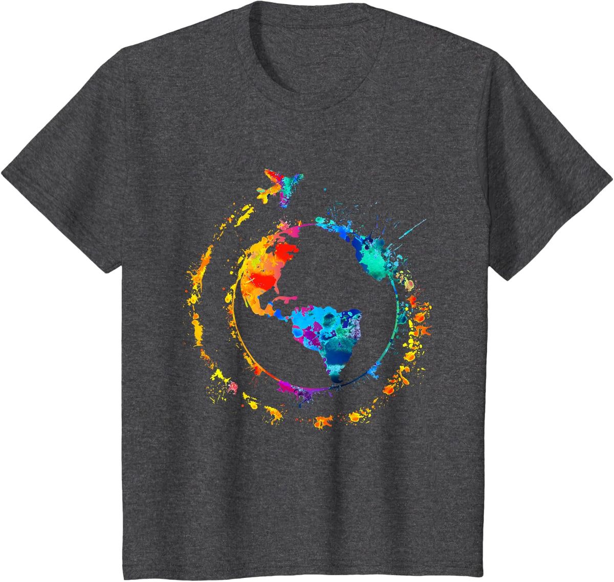 Artistic Earth Watercolor Travel World Traveling Colorful T-Shirt - Dark Heather Grey