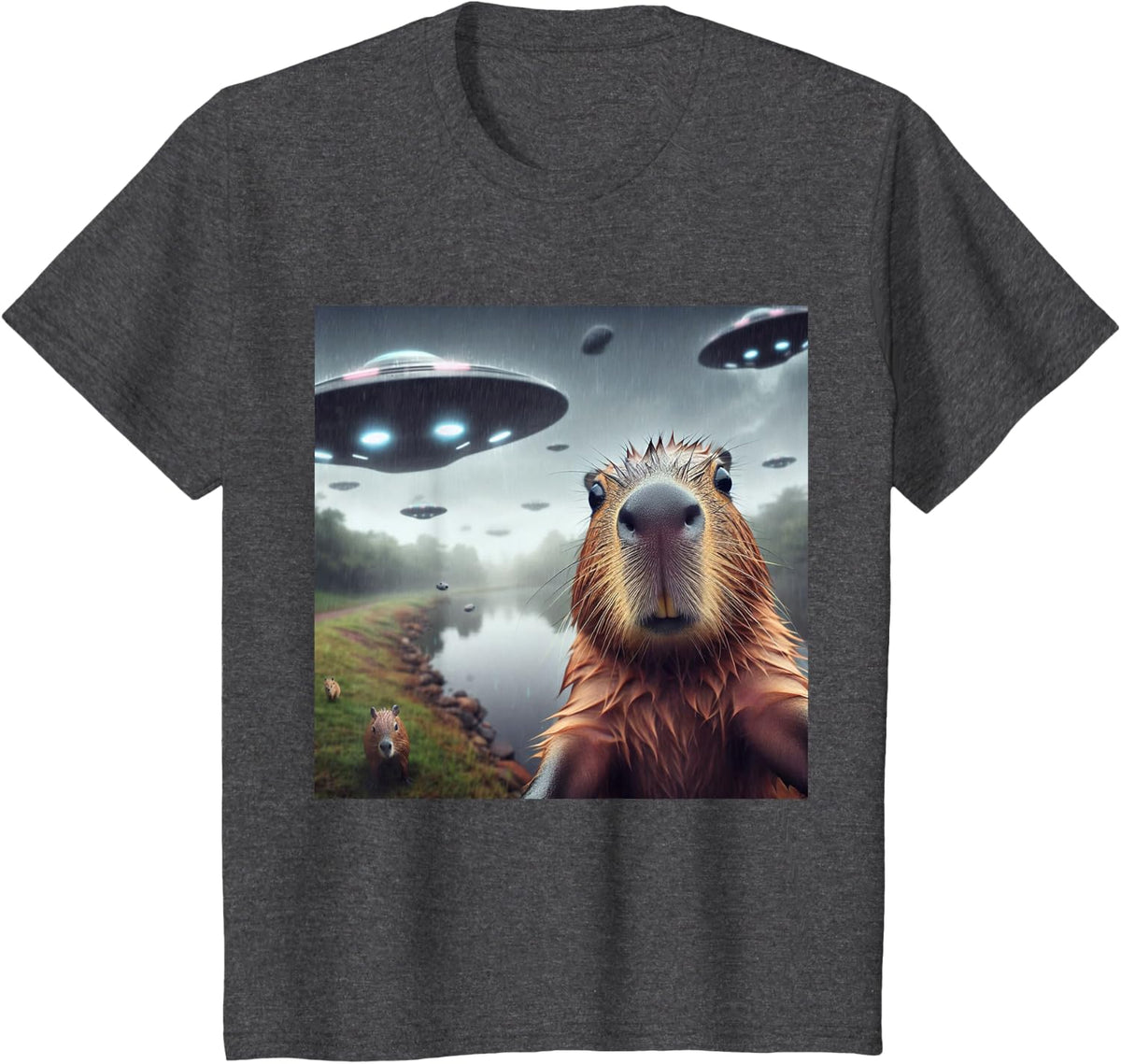 Funny Graphic Tee Capybara Selfie with UFOs Weird Capybara T-Shirt - Dark Heather Grey