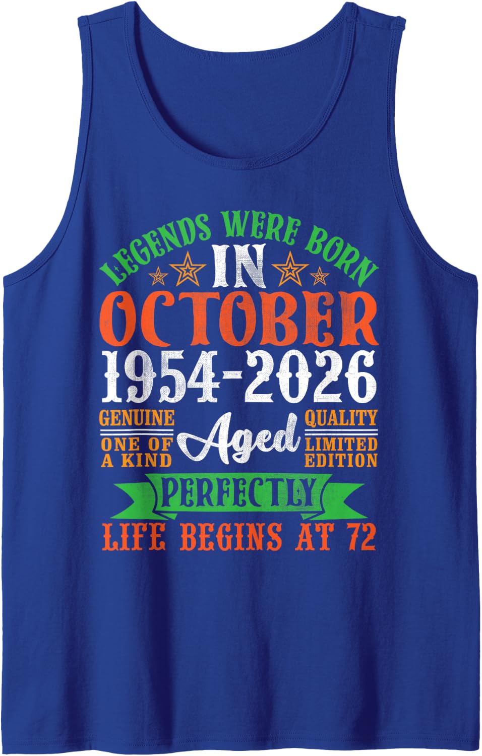 Legends were Born October 1954 2026 Life Begins 72 Years Old Sleeveless Tank Top - Royal Blue