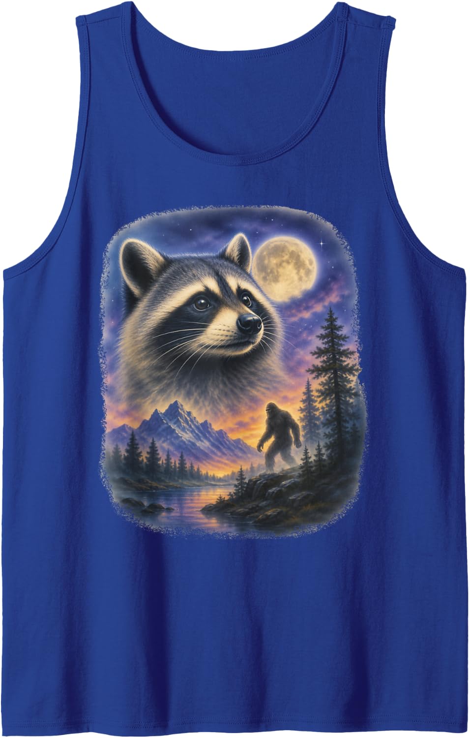 Moonlit Raccoon Bigfoot 90s Airbrush Cryptid Art Sleeveless Tank Top - Royal Blue