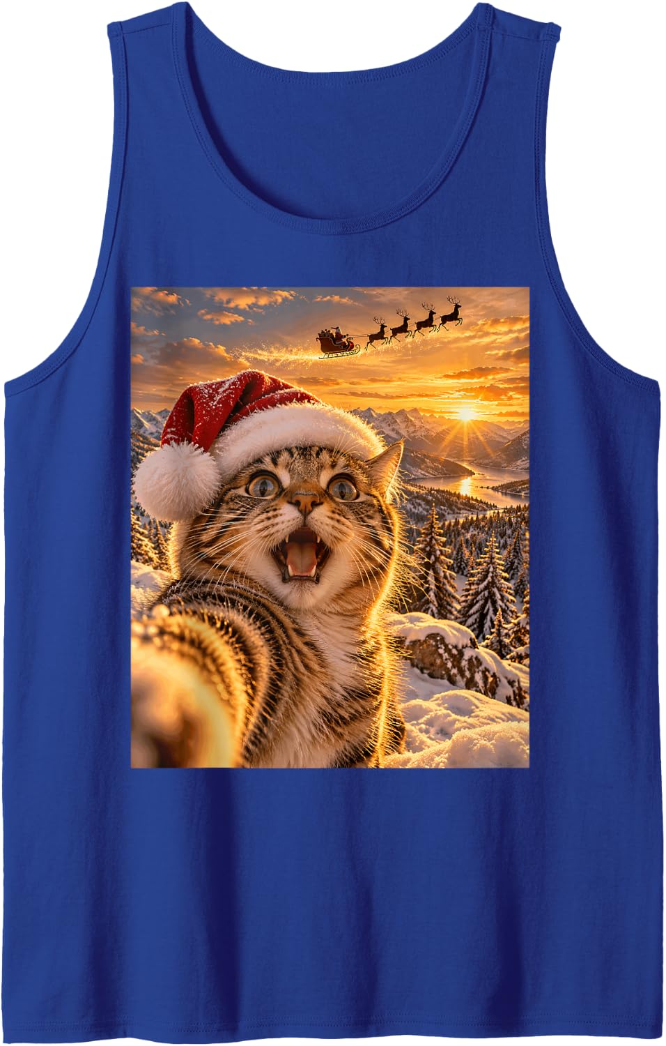 Golden Hour Cat Selfie Flying Santa Sleigh Sunset Twilight Sleeveless Tank Top - Royal Blue