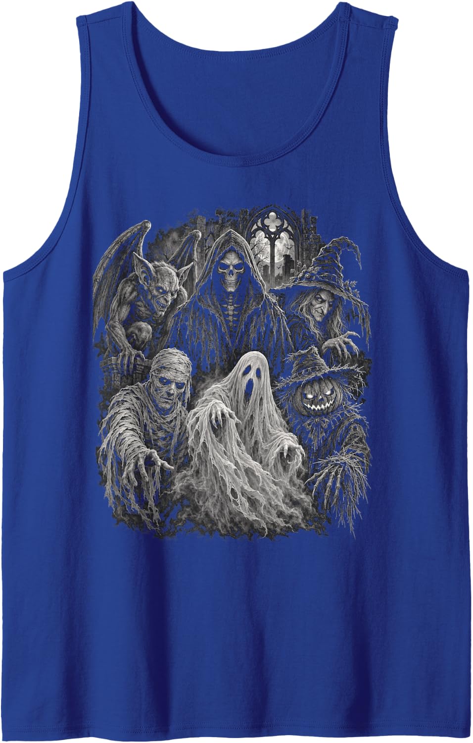 Halloween Grim Reaper Witch Mummy Ghost Gargoyle Pumpkin Sleeveless Tank Top - Royal Blue