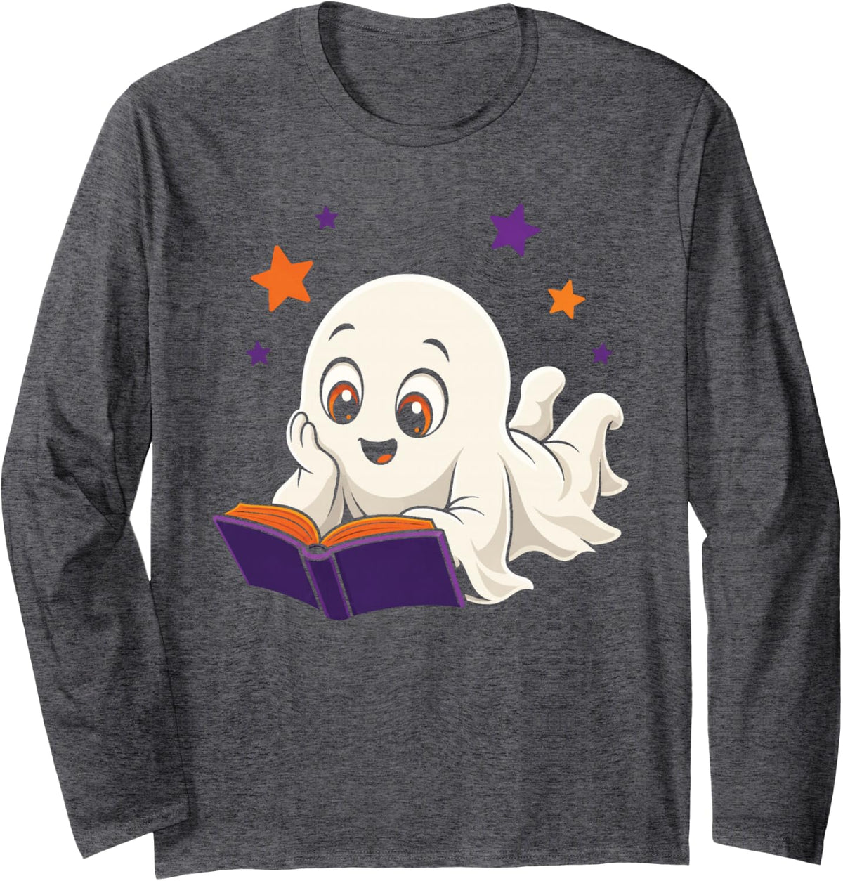 Book Lover Halloween Ghost Reading Bookworm Cute Stars Long Sleeve T-Shirt - Adult Unisex Dark Heather Grey
