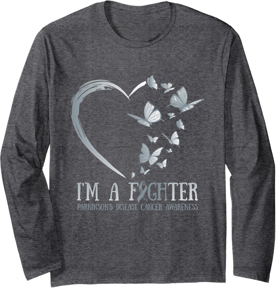 I’m A Fighter Parkinson's Disease AWARENESS Heart Long Sleeve T-Shirt - Adult Unisex Dark Heather Grey