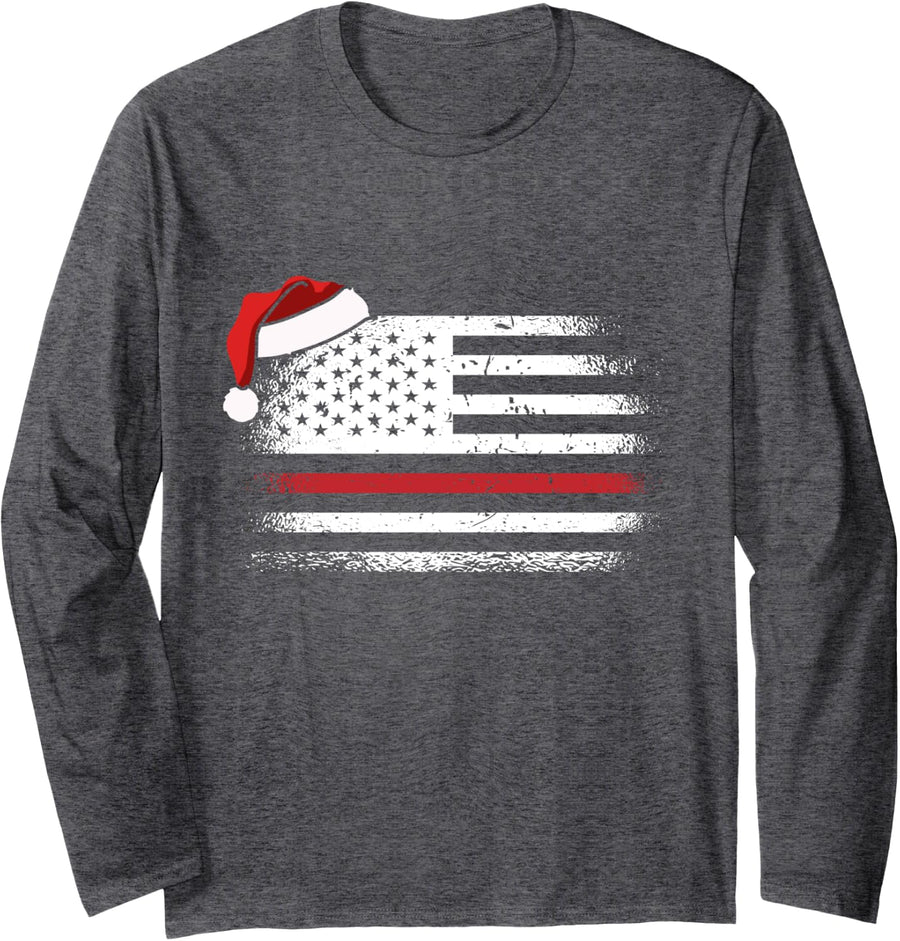 American Flag Firefighter Christmas Pajama Cool Xmas Fireman Long Sleeve T-Shirt - Adult Unisex Dark Heather Grey