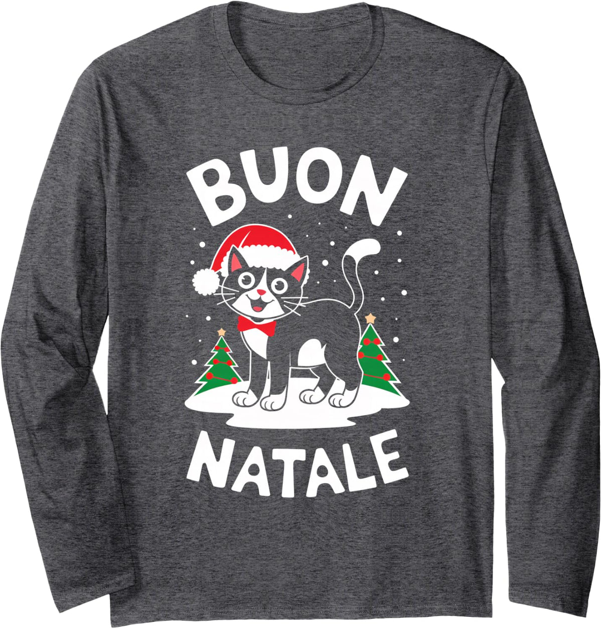 BUON Natale Tuxedo Cat Christmas Italy Santa Long Sleeve T-Shirt - Adult Unisex Dark Heather Grey