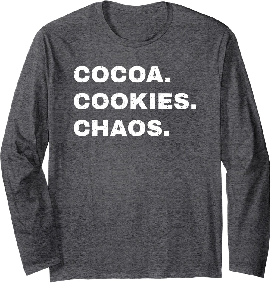 Cocoa Cookies Chaos Funny Friendsmas Christmas Party Long Sleeve T-Shirt - Adult Unisex Dark Heather Grey