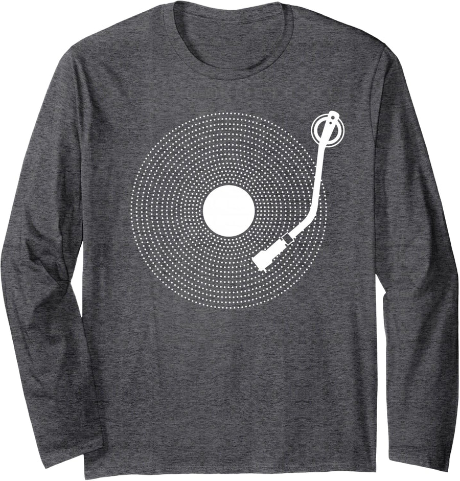 Fun Vinyl Record, Retro Design, Turntable DJ, pop Long Sleeve T-Shirt - Adult Unisex Dark Heather Grey