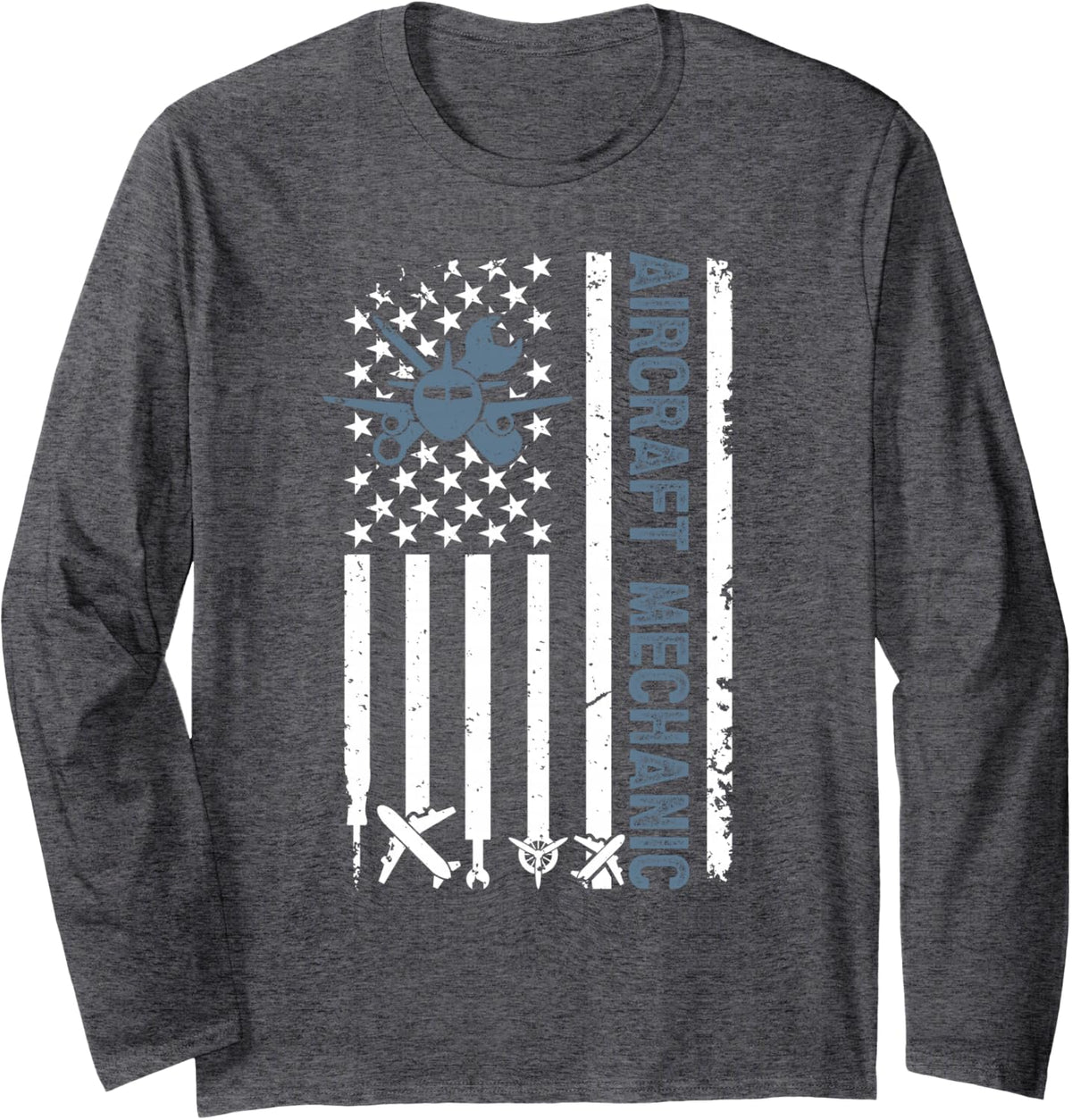 Aircraft Mechanic US Flag Airplane Mechanic Long Sleeve T-Shirt - Adult Unisex Dark Heather Grey