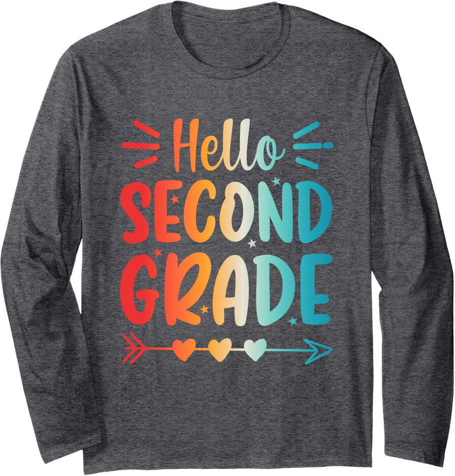 Hello 2nd Grade Back to School Second Grade Teacher Student Long Sleeve T-Shirt - Adult Unisex Dark Heather Grey