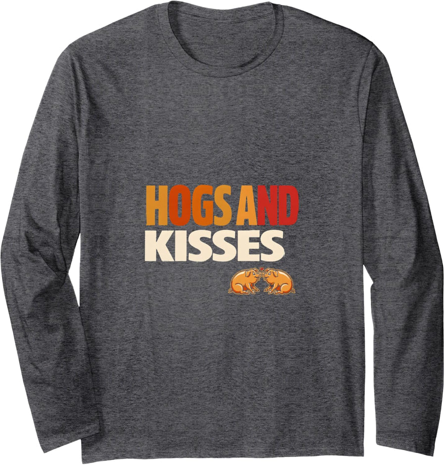 Hogs and Kisses Funny Pig Farm Animal Valentine Lover Gift Long Sleeve T-Shirt - Adult Unisex Dark Heather Grey