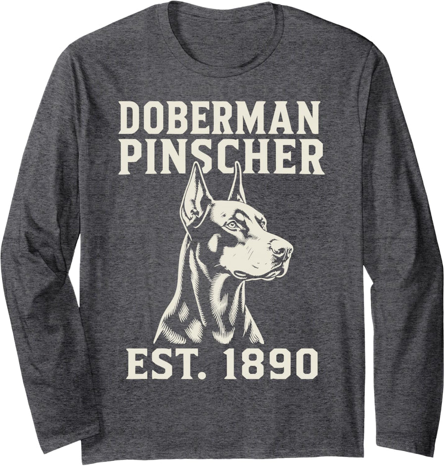 Vintage Doberman Pinscher Long Sleeve T-Shirt - Adult Unisex Dark Heather Grey