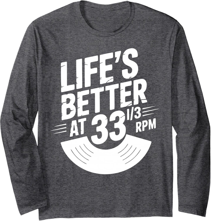 Vinyl Record Collector DJ Turntable Long Sleeve T-Shirt - Adult Unisex Dark Heather Grey