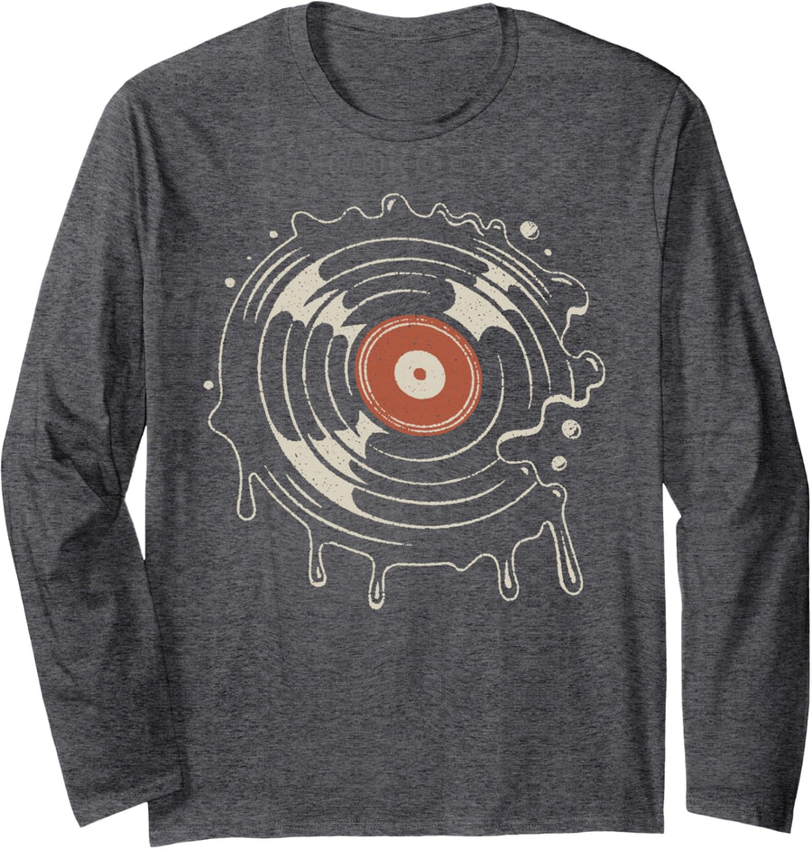 DJ Melting Turntable Disc Jockey Vinyl Record Player Music Long Sleeve T-Shirt - Adult Unisex Dark Heather Grey