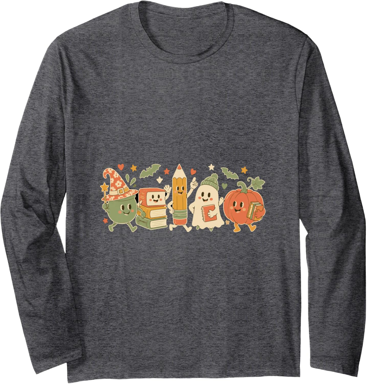 Cute Halloween Reading Book Lover Pumpkin Ghost Long Sleeve T-Shirt - Adult Unisex Dark Heather Grey