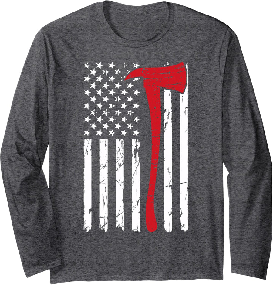 Wildland Firefighter Axe American Flag Thin Red Line Fireman Long Sleeve T-Shirt - Adult Unisex Dark Heather Grey