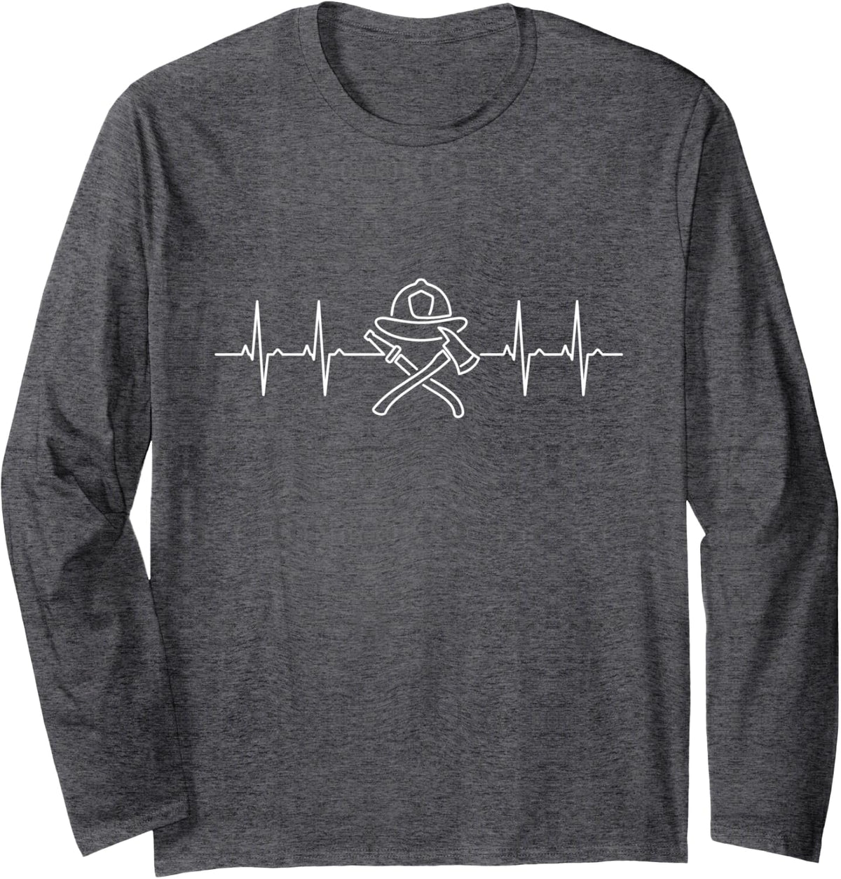 Firefighter Heartbeat EKG Helmet Fire Axe Line Art Long Sleeve T-Shirt - Adult Unisex Dark Heather Grey