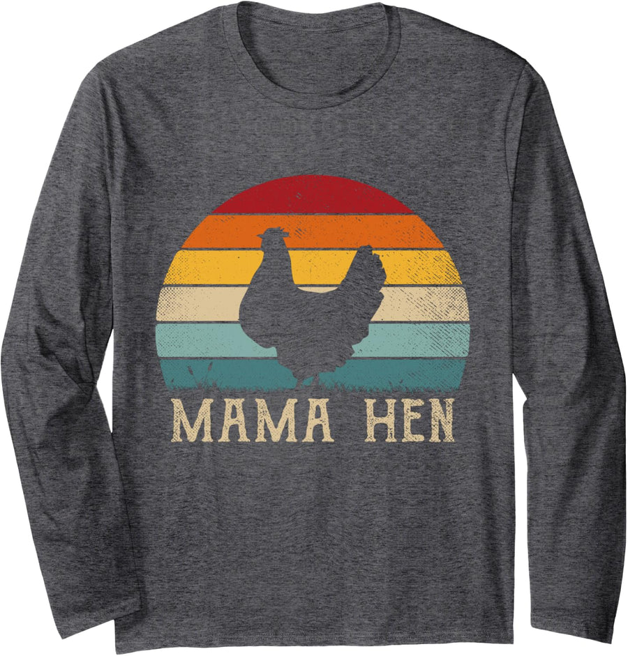 Funny Mama Hen Apparel 80s Vintage Retro Chicken Mom Mother Long Sleeve T-Shirt - Adult Unisex Dark Heather Grey