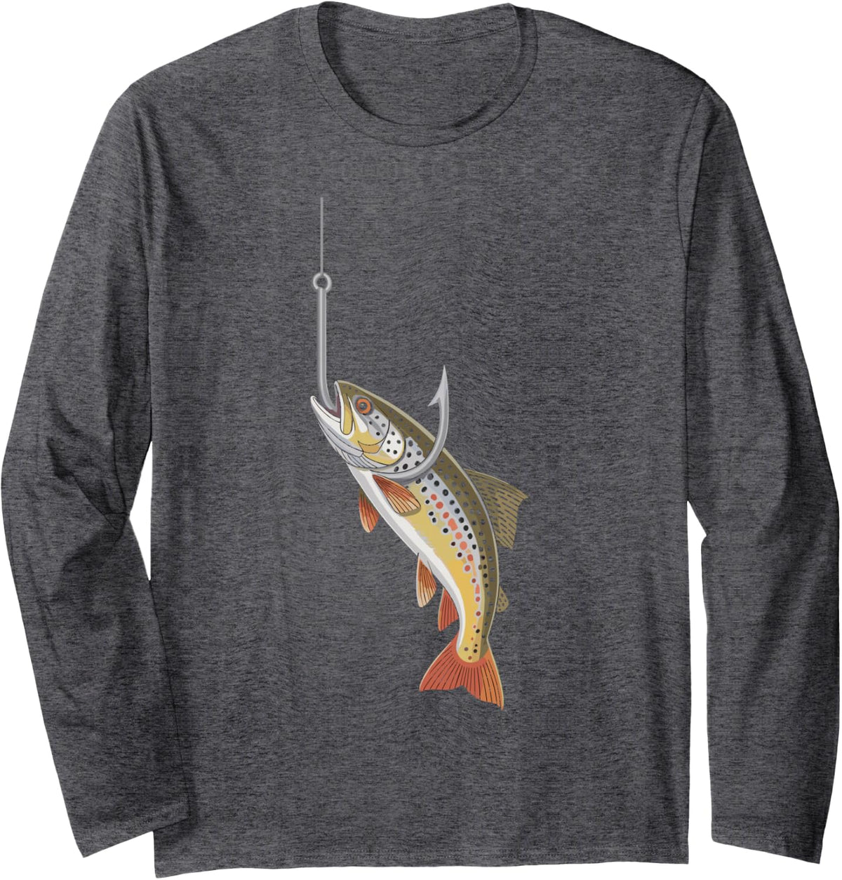 Minimalist Trout and Fly Fishing Design Long Sleeve T-Shirt - Adult Unisex Dark Heather Grey