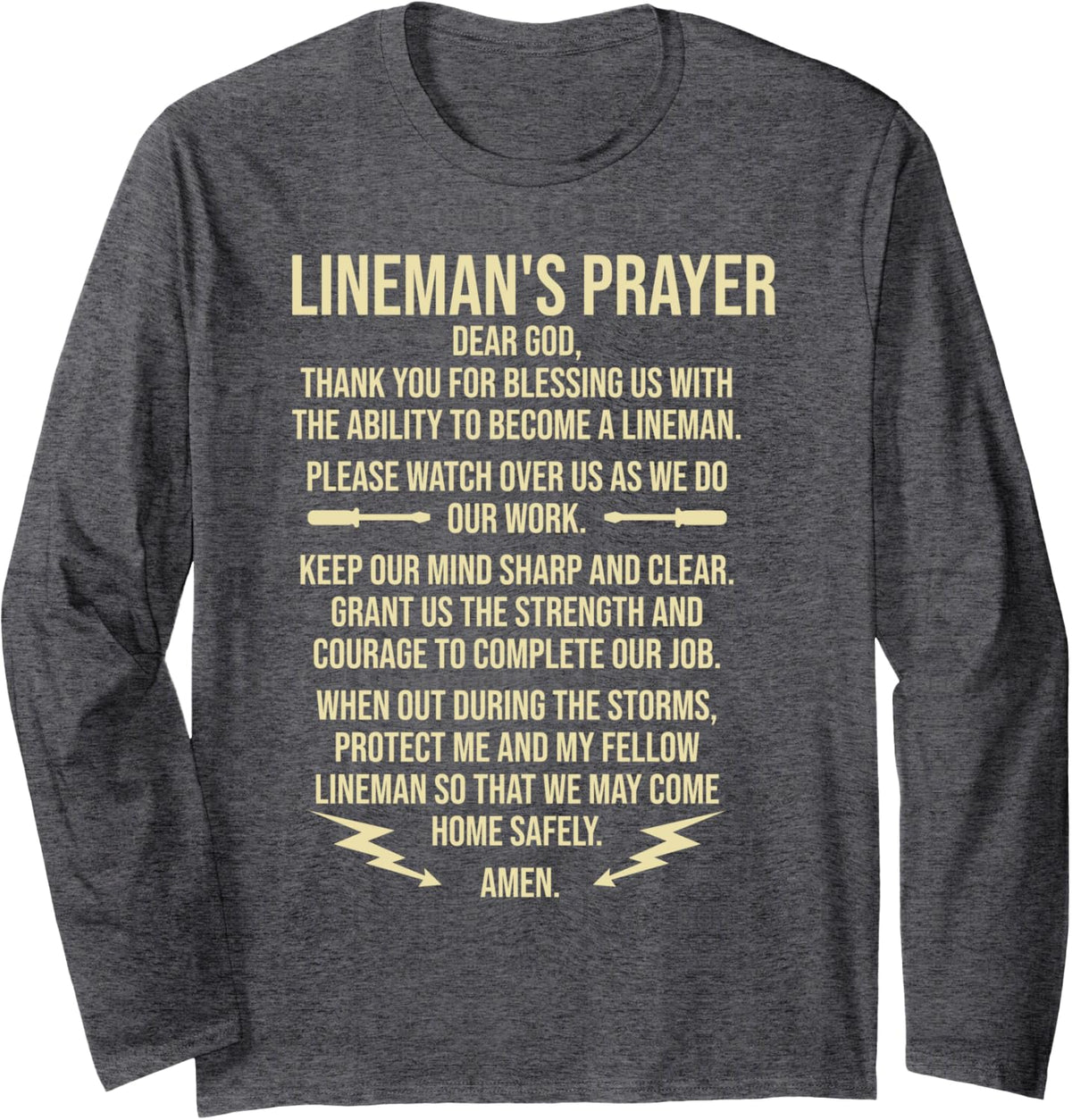 Electrical Lineman Prayer Power Lineman Long Sleeve T-Shirt - Adult Unisex Dark Heather Grey