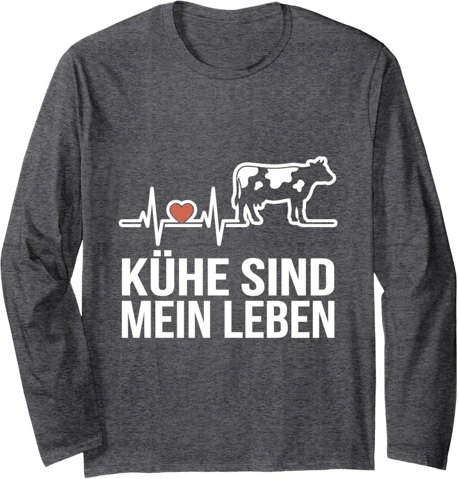 Cow Heartbeat Pulse Silhouette German Saying Sind Mein Leben Long Sleeve T-Shirt - Adult Unisex Dark Heather Grey