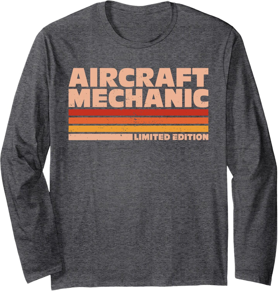 Aircraft Mechanic Retro Sunrise Long Sleeve T-Shirt - Adult Unisex Dark Heather Grey